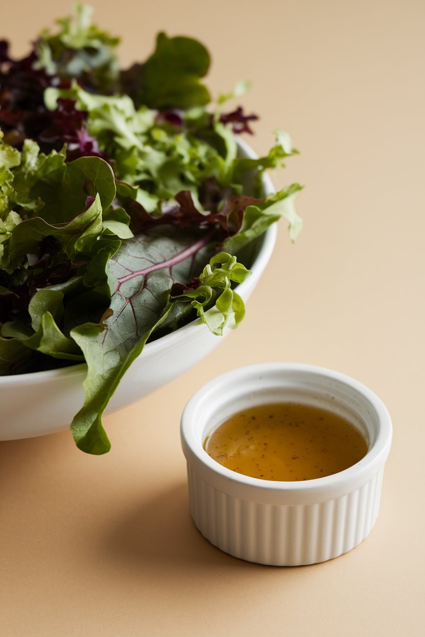 Indoor photo of a small ramekin holding two tablespoons of vinaigrette beside a large bowl of leafy greens, showing that the dressing quantity is modest. Diffused light, no text or logos.
