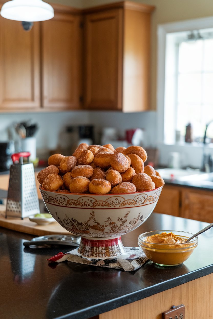 A bowl on a kitchen island filled with soft pretzel bites coated in cinnamon sugar, side of pumpkin dip. No text or logos.