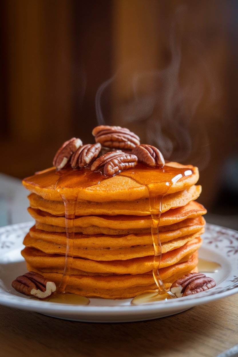 Softly lit indoor plate of orange-tinged sweet-potato pancakes topped with toasted pecans and a ribbon of warm honey, steam visible; no text or logos.