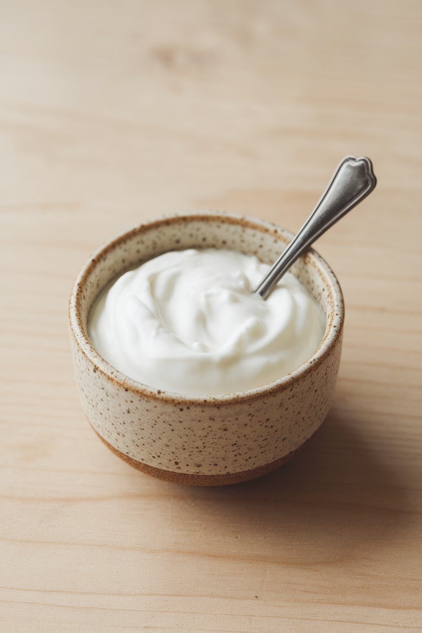 Indoor photo of a small ceramic bowl filled with thick plain Greek yogurt, topped with a tiny spoon, neutral background, no text or logos