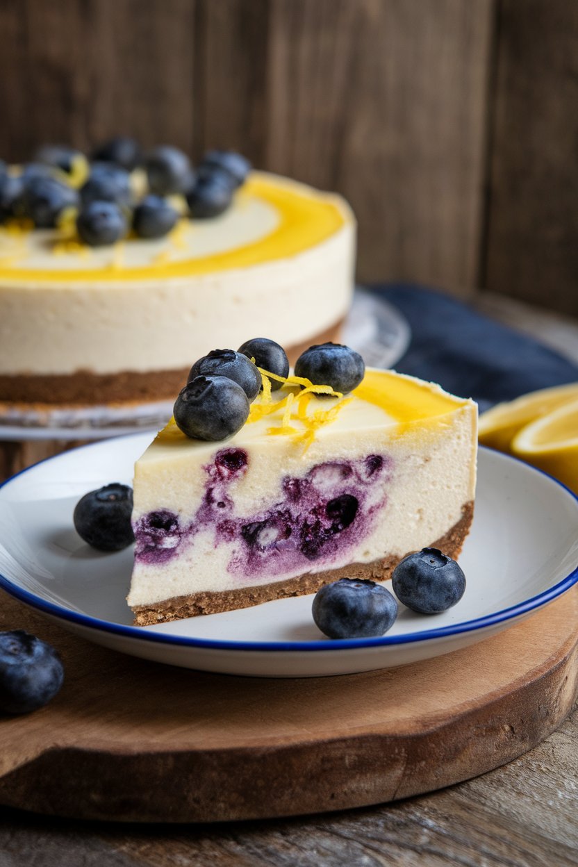 Indoor photo of a slice of cashew-based blueberry lemon cheesecake on a simple white plate. No text or logos.