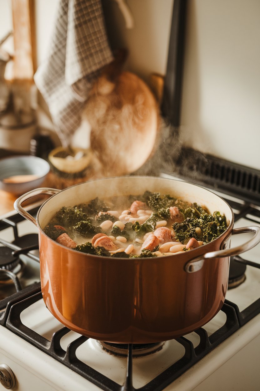 Indoor farmhouse stove scene with pot of sausage, kale, and white bean soup, steam rising. No text or logos. Photo.
