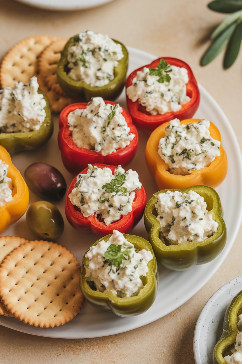 Indoor snack platter showing mini bell peppers halved and filled with herbed cottage cheese. No logos or text.