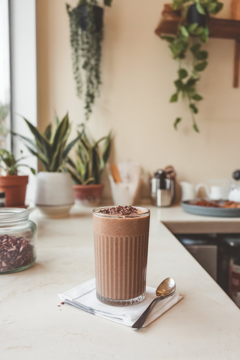 An indoor café counter with a tall glass of chocolate-colored espresso date smoothie topped with cacao nibs, photo only, no logos.