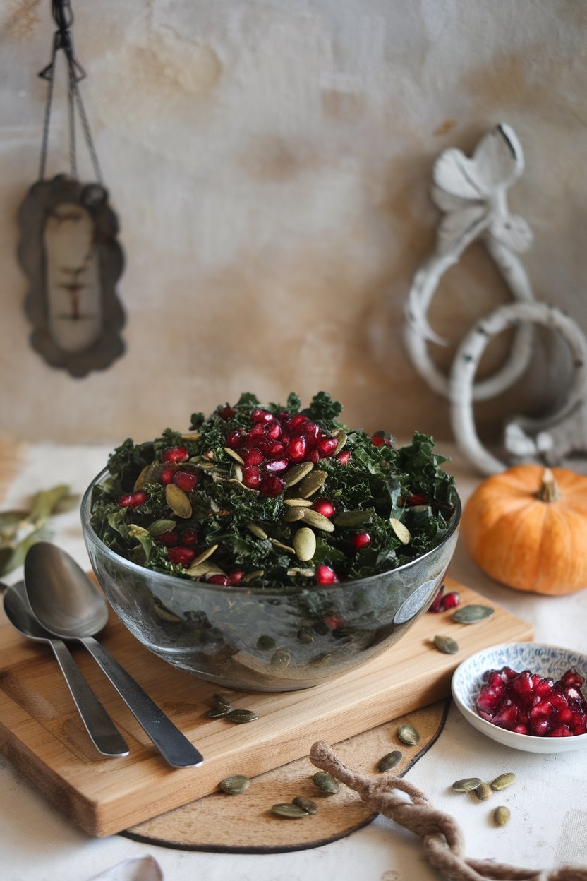 A festive indoor shot of a salad bowl with dark green kale ribbons, ruby pomegranate arils, and toasted pumpkin seeds. No text or logos.