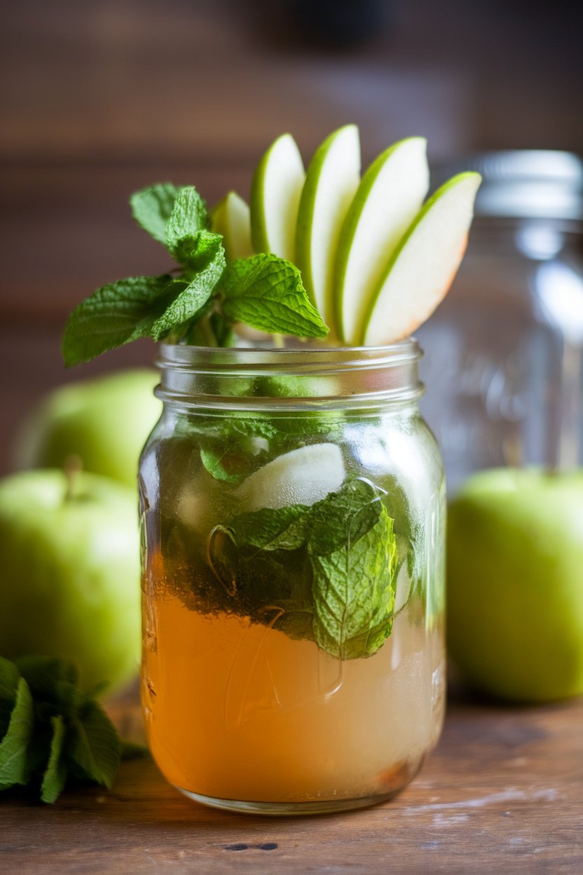 Indoor mason jar filled with sparkling apple cider mojito, fresh mint and apple fan garnish. No text or logos.