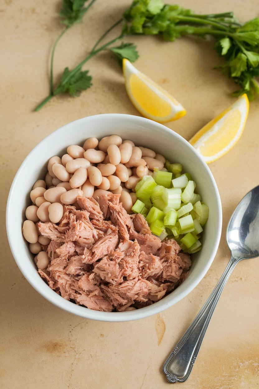 Indoor tabletop featuring a bowl of white beans, flaked canned tuna, chopped celery, and lemon wedges. No text or logos.