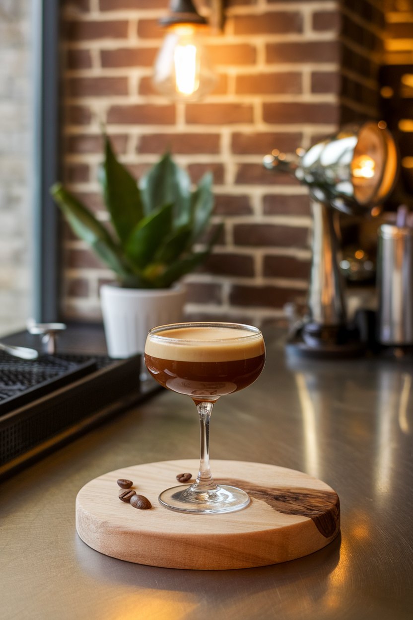 An indoor café bar with a coupe glass of creamy Espresso Martini sporting the classic three-bean garnish. No text or logos.