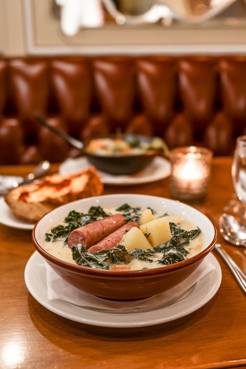 Indoor trattoria booth with a bowl of Zuppa Toscana, sausage, kale, and potatoes in creamy broth. No text or logos. Photo.