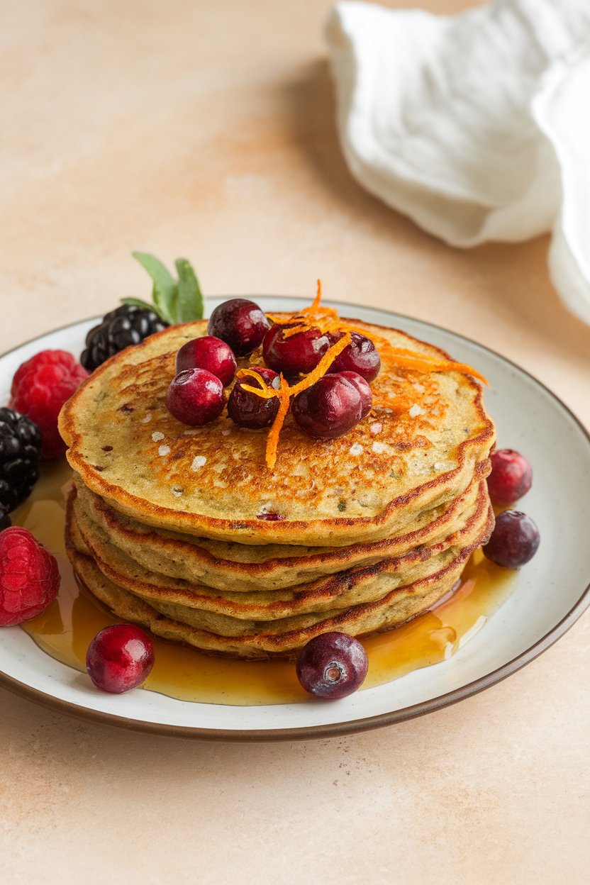 Indoor plate with millet pancakes peppered with cranberries, orange zest scattered around; no logos.