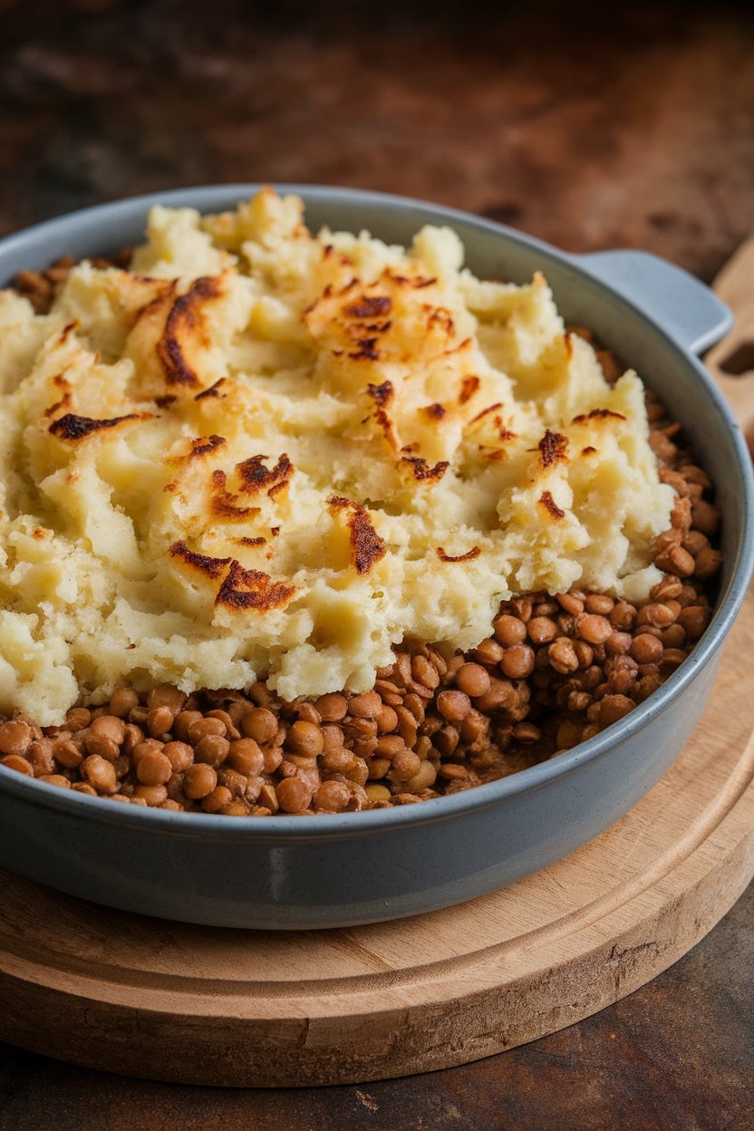 An indoor casserole dish of lentil filling topped with mashed cauliflower-potato blend, baked until lightly browned; no text or logos; photo.