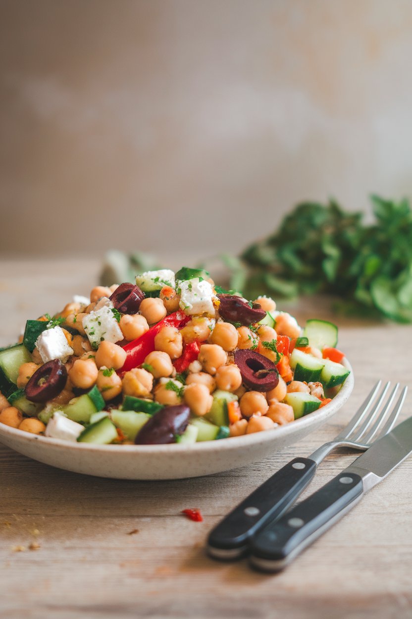 Photo of an indoor studio shot of a vibrant chickpea salad with cucumbers, olives, feta, and red pepper, no text or logos