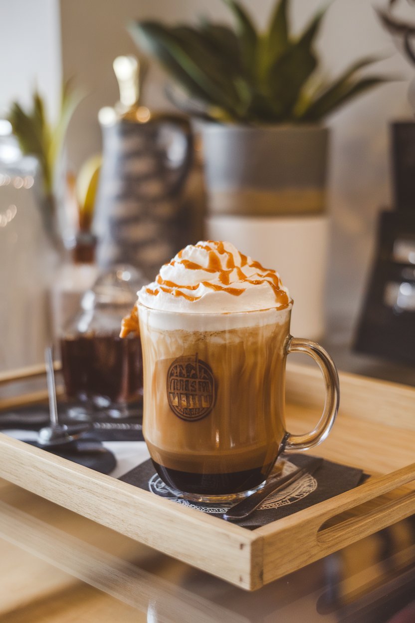An indoor coffee bar with a handled glass mug of whipped-cream-topped Caramel Irish Coffee, caramel drizzle visible. No text or logos.