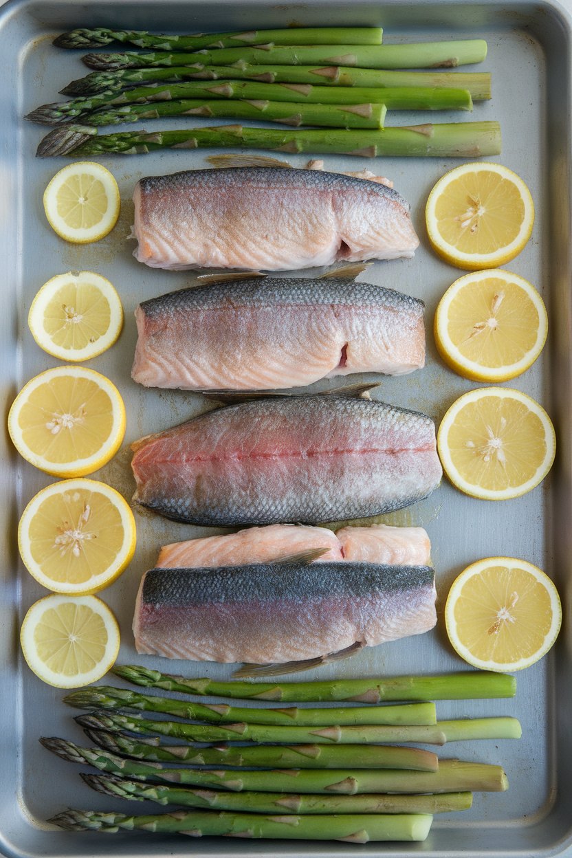 An indoor baking sheet displaying cooked rainbow trout fillets with lemon slices, asparagus spears arranged alongside; no text or logos.