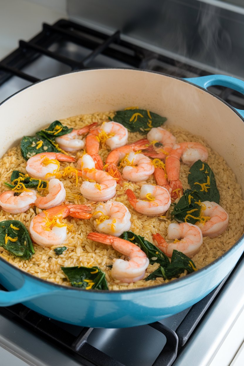 Indoor stovetop scene of a Dutch oven holding cooked orzo studded with shrimp, spinach, and lemon zest. Subtle steam visible, no logos.
