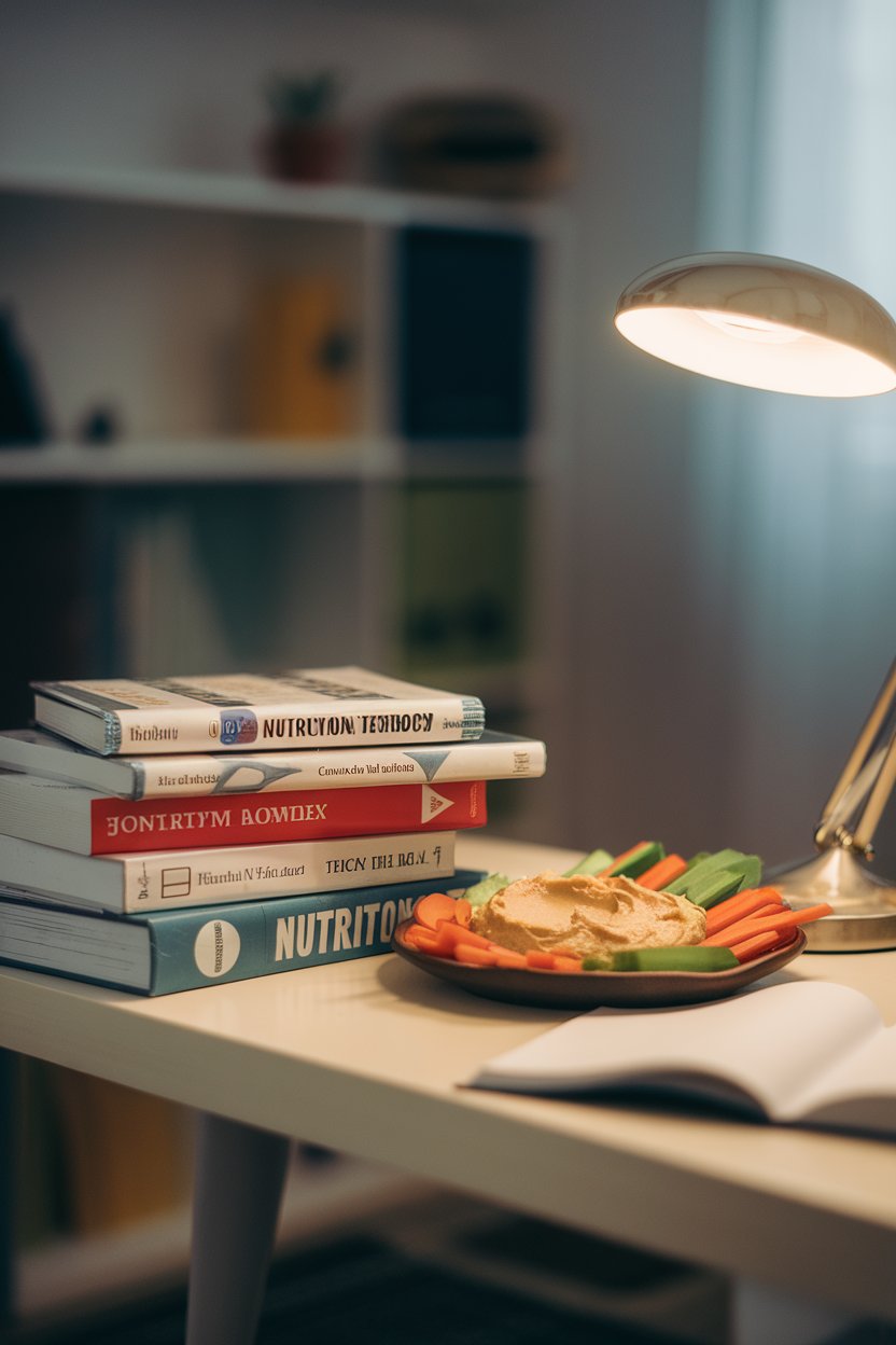 Photo of an indoor study desk with nutrition textbooks stacked beside a plate of hummus and veggie sticks; desk lamp glow; no text or logos.