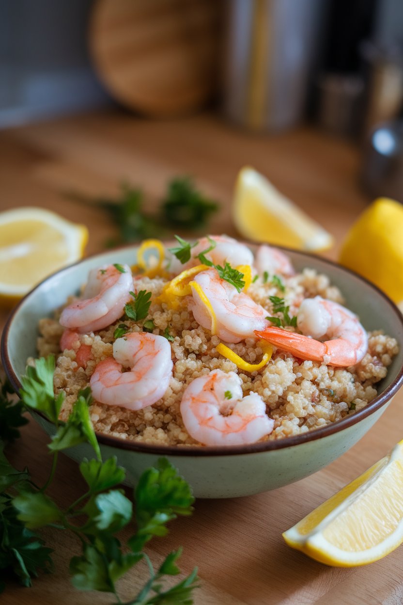 Indoor photo of quinoa mixed with plump cooked shrimp, lemon zest, and parsley in a shallow bowl, no text or logos