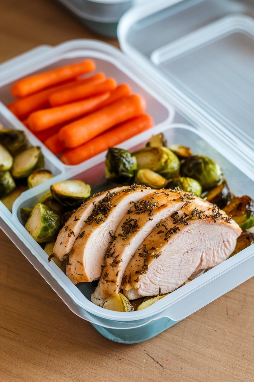 An indoor meal-prep container divided into slices of cooked herb-roasted chicken breast, roasted Brussels sprouts, and baby carrots. No text or logos anywhere. Photo only.