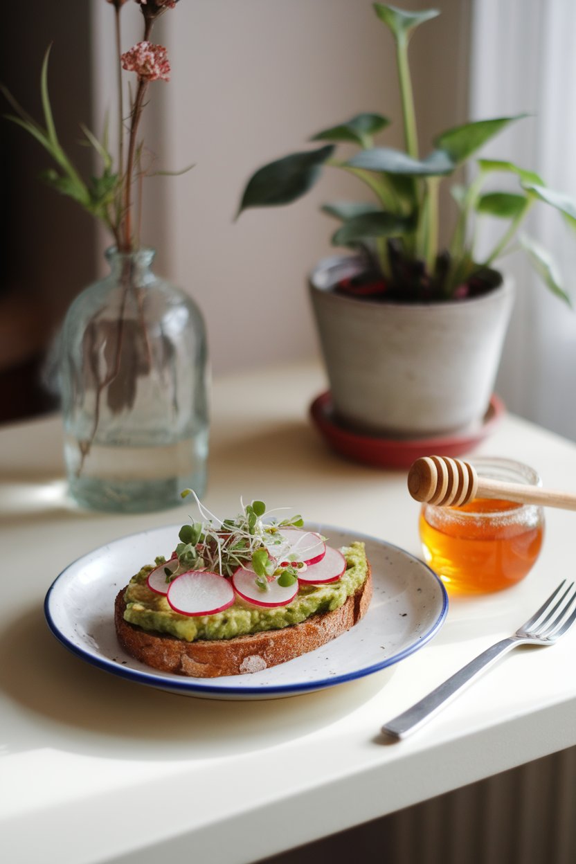 A softly lit indoor table with avocado toast topped with radish slices and microgreens; no text or logos. Photo.
