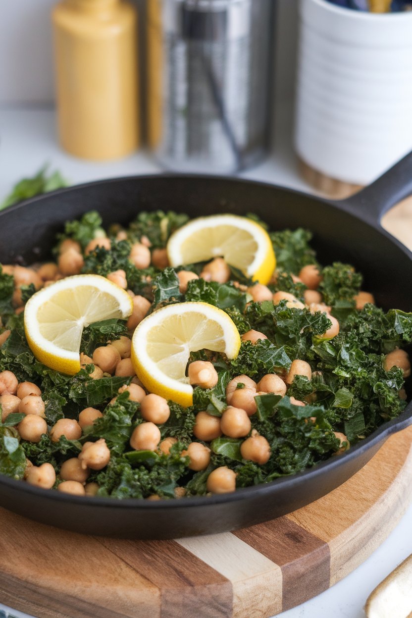 Indoor skillet of sautéed kale and chickpeas, garlic slices visible, topped with lemon wedges. No text or logos.