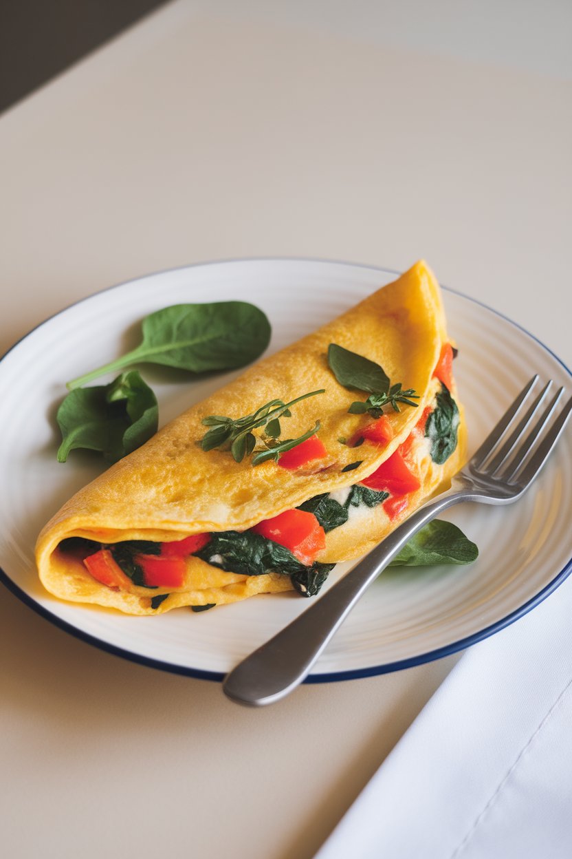 An indoor breakfast plate showcasing a folded omelette stuffed with diced peppers, spinach, and fresh herbs, a fork resting alongside. No logos or text. Photo.