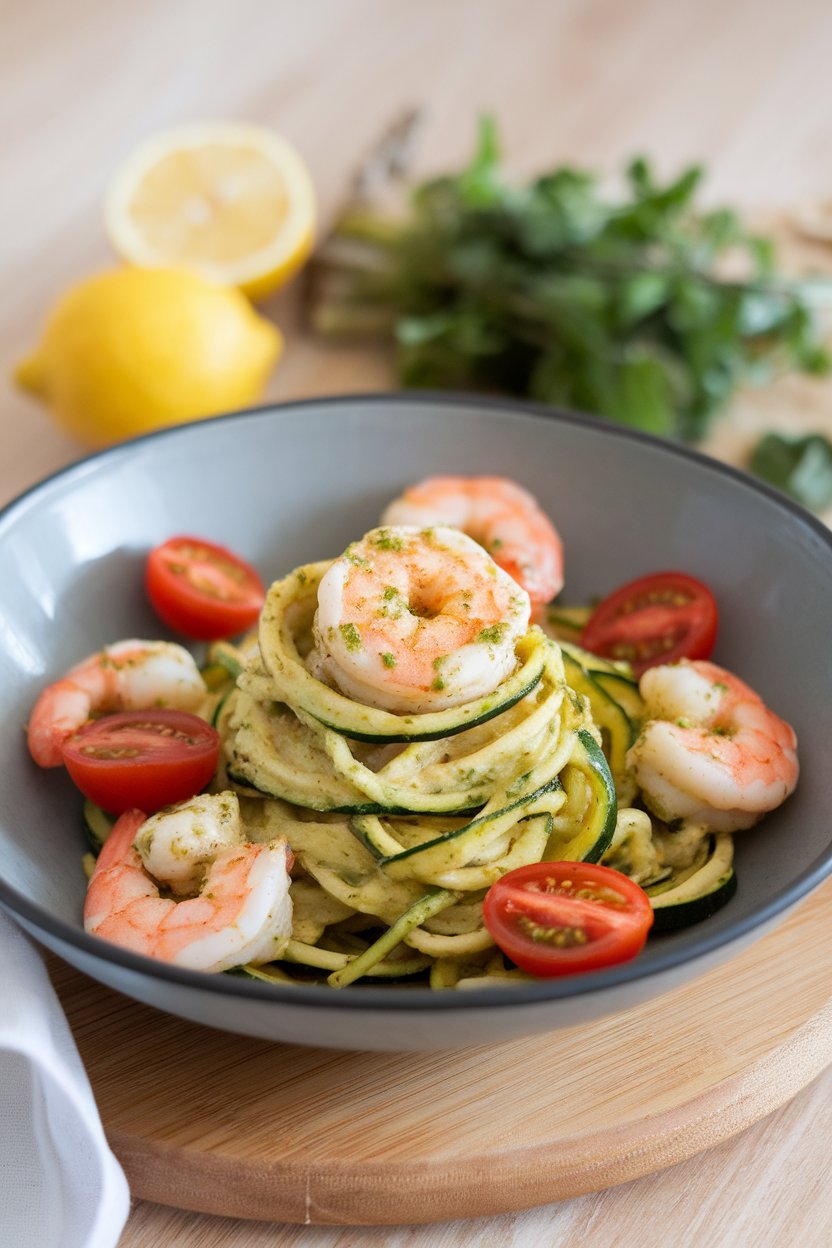 A shallow bowl indoors featuring pesto-coated zucchini noodles twirled around sautéed shrimp, cherry tomato halves adding color. Soft, even lighting; no text or logos.