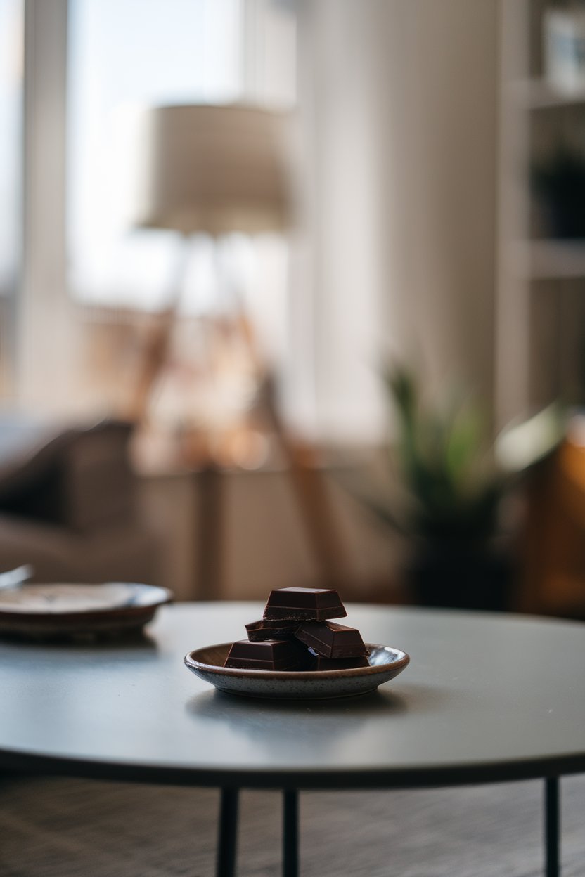 Indoor coffee table with a few squares of dark chocolate on a small ceramic plate, soft afternoon light. No visible brand or text. Photo.
