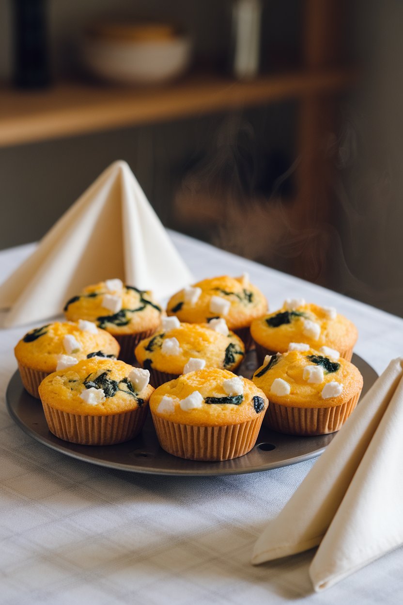 An indoor dining table displaying a muffin tin with golden egg muffins dotted with spinach and feta, steam rising slightly; no text or logos; photo