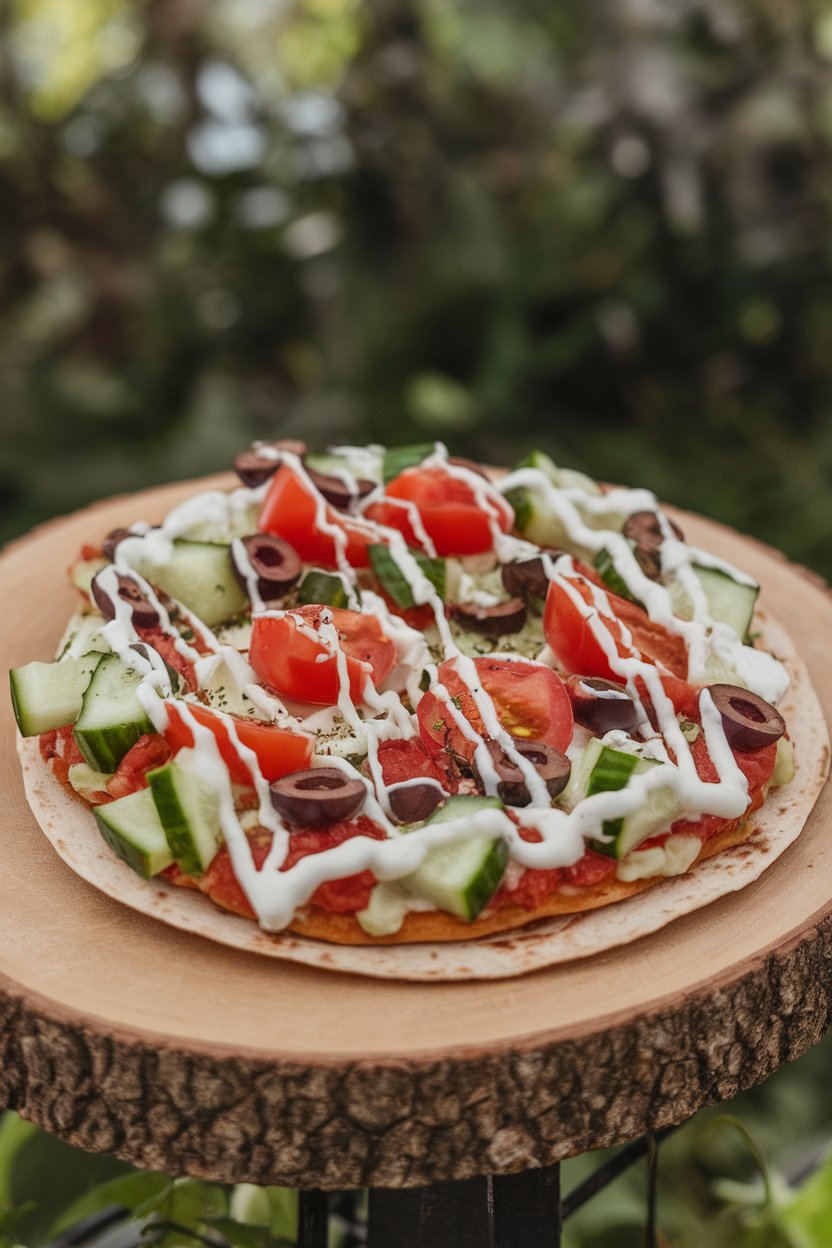 Indoor photo of thin Ezekiel tortilla pizza topped with diced cucumber, tomato, olives, and a tzatziki drizzle on a wooden serving board, no text or logos