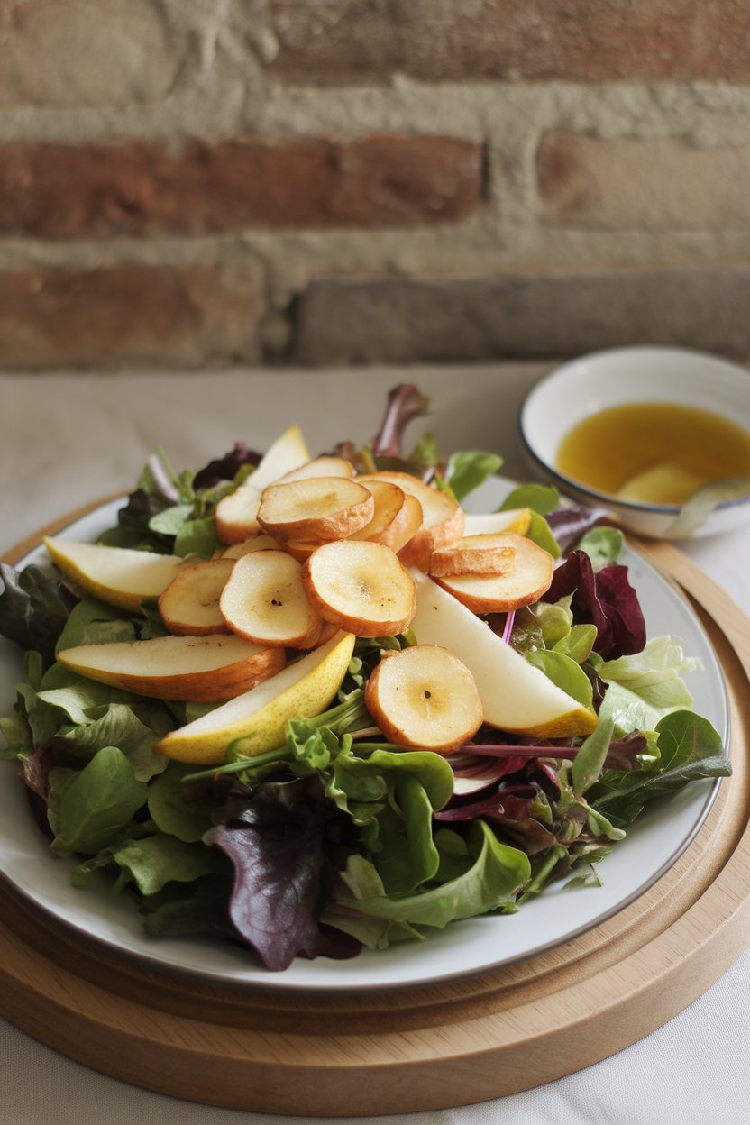 Indoor photo of mixed-greens salad topped with roasted parsnip coins and fresh pear slices, drizzle of vinaigrette visible. No text or logos.
