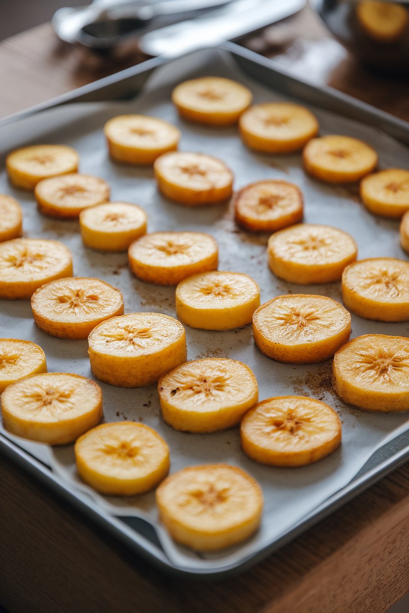 Indoor baking sheet lined with golden baked plantain slices, lightly seasoned. No text or logos; photo.