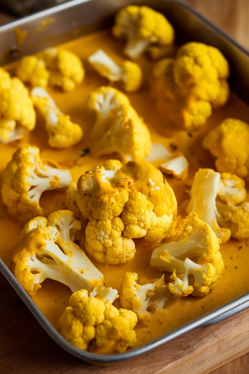 Indoor photo of cauliflower florets coated in yellow turmeric-coconut sauce in a baking dish. No text or logos; photo.