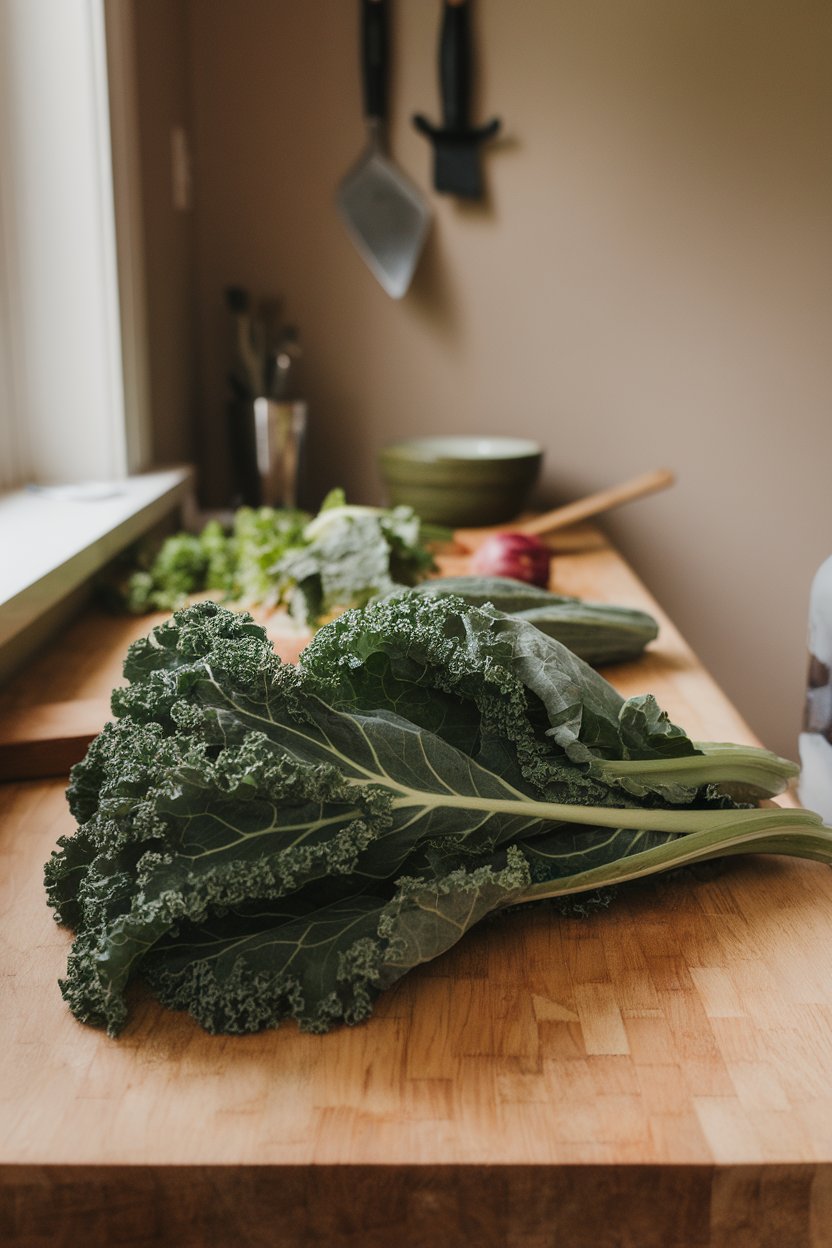 Photo of curly kale leaves fanned out on an indoor butcher-block counter, morning light, no text or logos