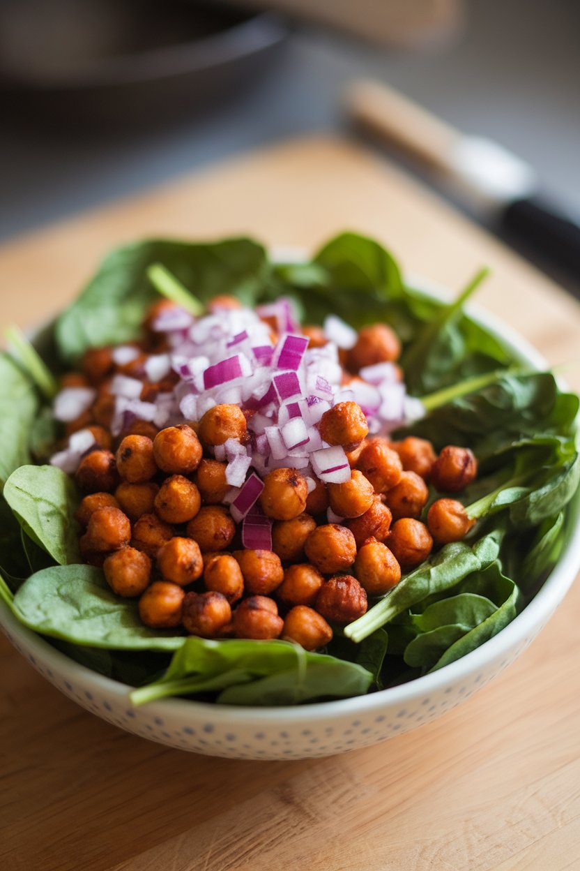 Photo of baby spinach topped with roasted chili-spiced chickpeas and diced red onion, shot indoors, no text or logos.