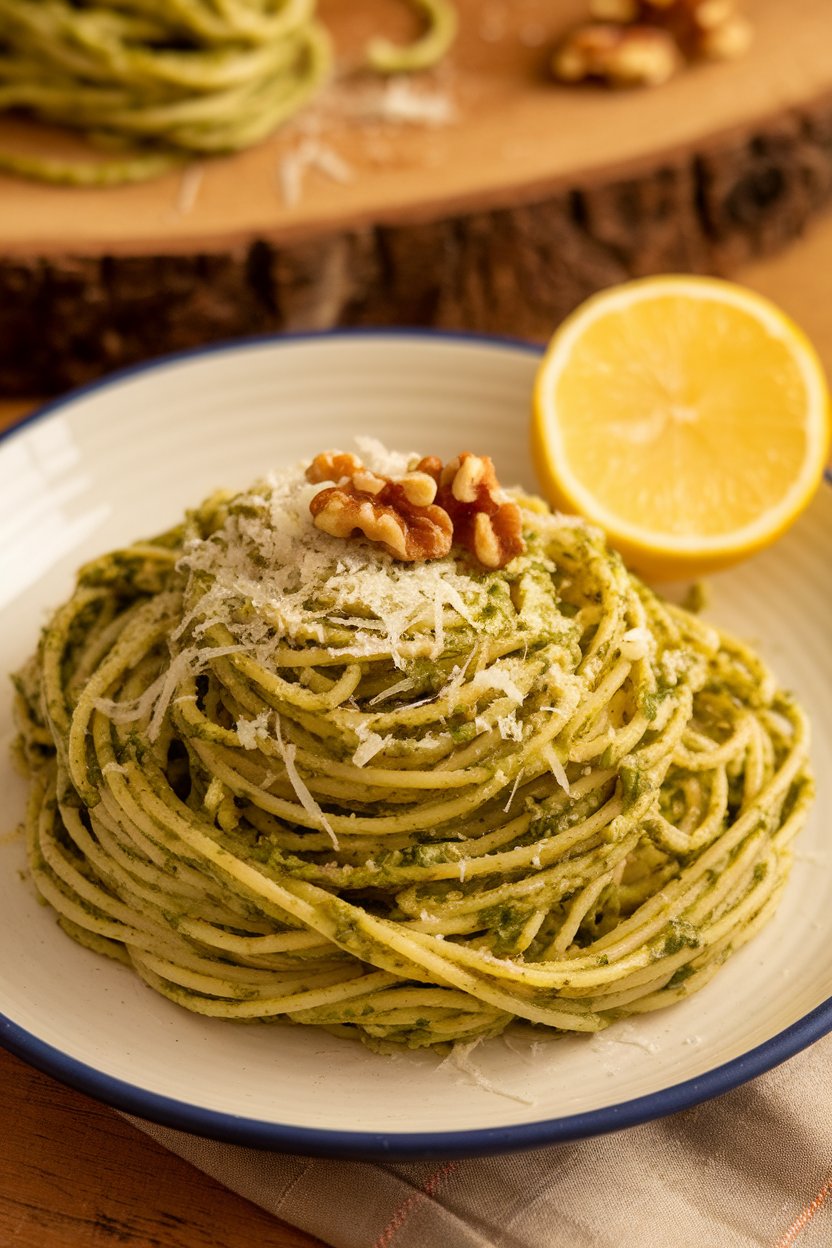 Indoor shot of thin spaghetti tossed in deep green arugula-walnut pesto, lemon wedge on the side. No text or logos.