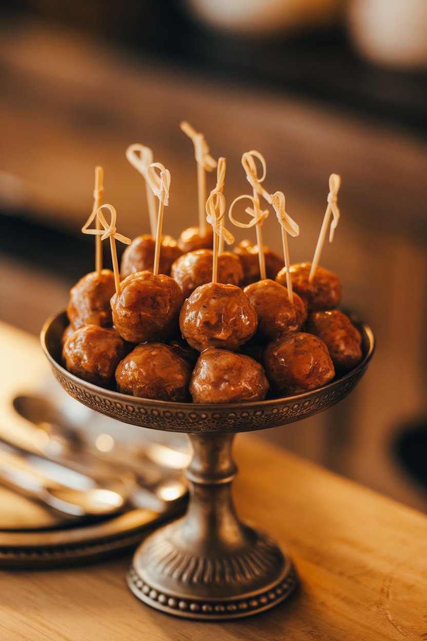 Cocktail meatballs coated in glossy sauce on an indoor serving dish, each with a toothpick. No text or logos. Photo.