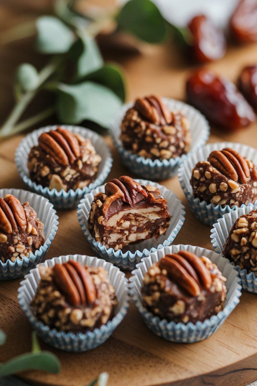 Indoor photo of pecan-crusted date energy bites arranged in cupcake liners. No text or logos.