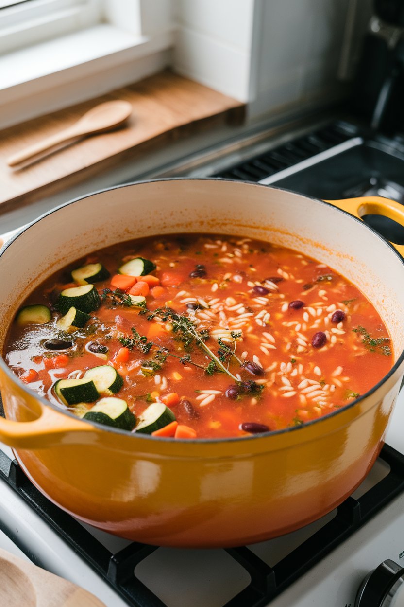 A photo taken indoors of a Dutch oven on a stovetop holding colorful minestrone orzo with zucchini, carrots, and kidney beans peeking through tomato broth. No logos or text.
