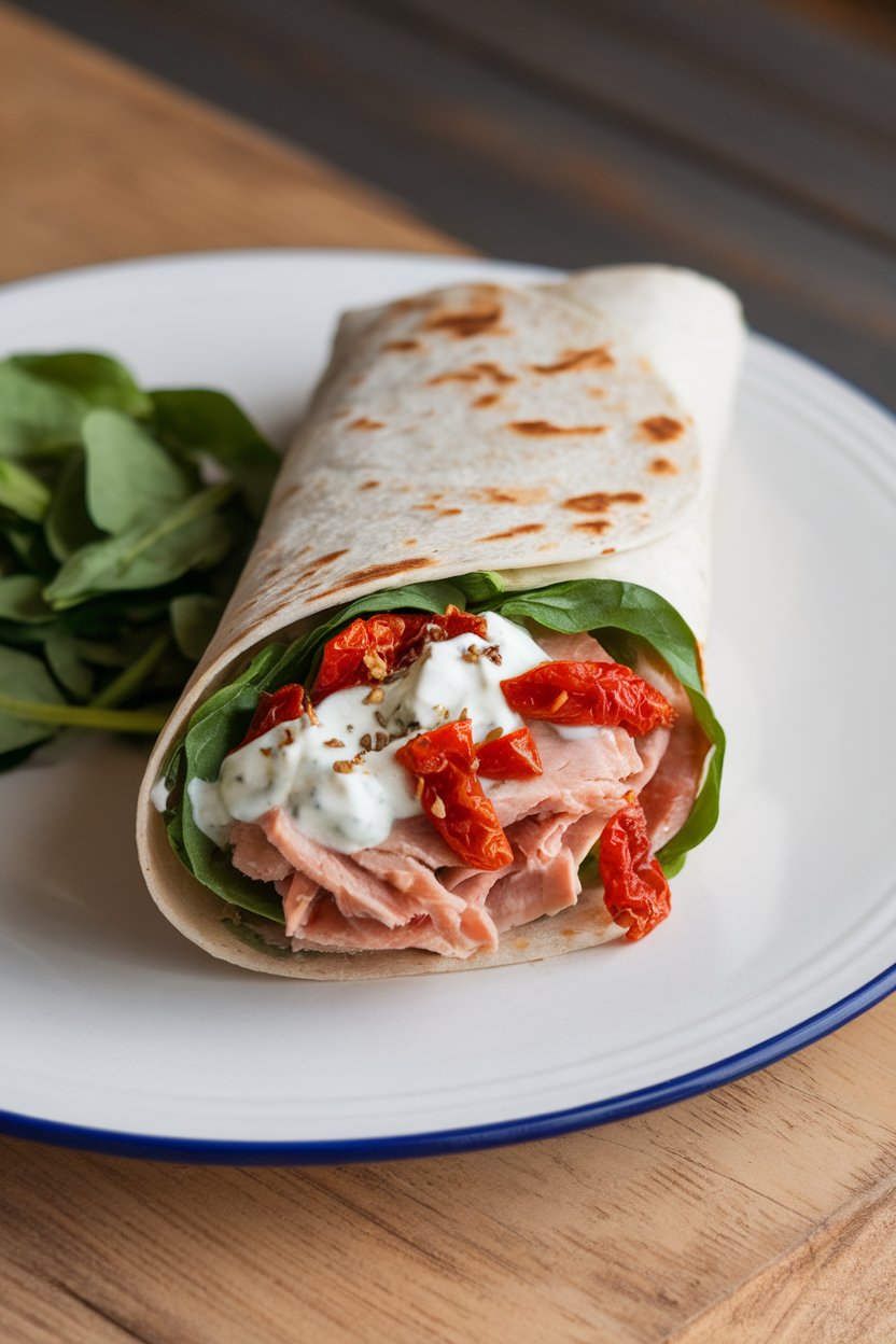 Indoor platter featuring a wrap stuffed with turkey, chopped sun-dried tomatoes, spinach, and a light garlic yogurt spread. No branding present.