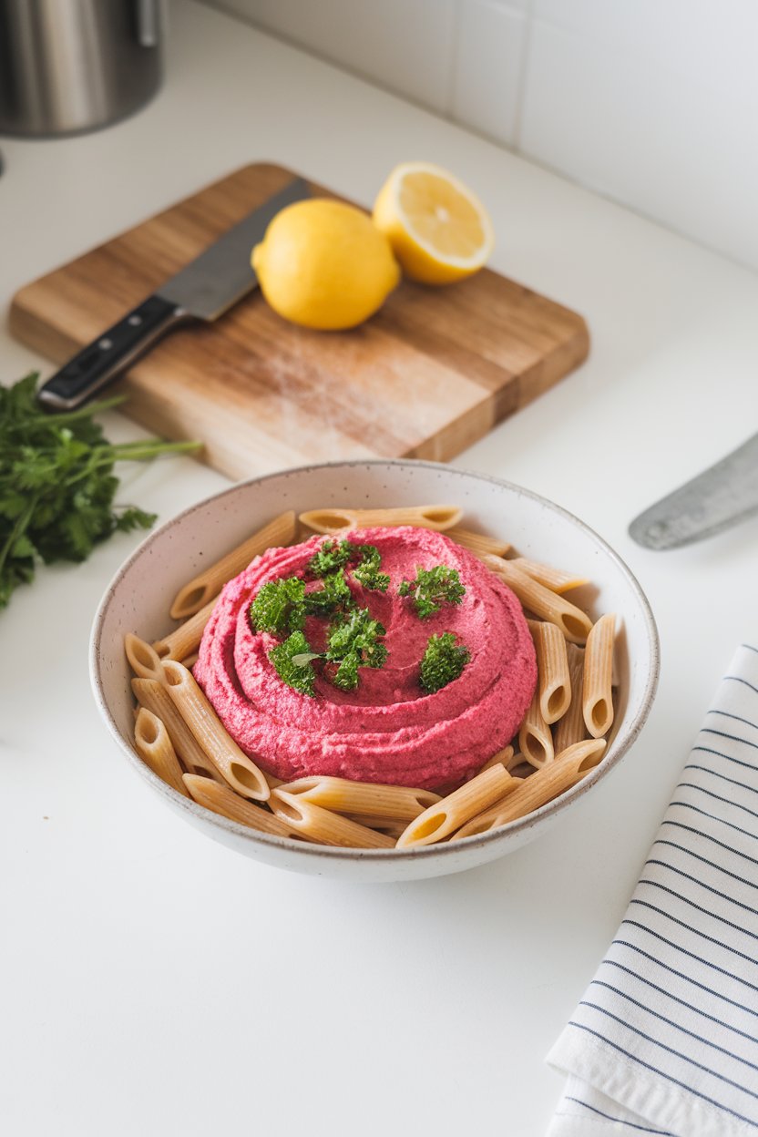 An indoor kitchen counter featuring whole-wheat penne coated in pink beet hummus, garnished with parsley; no text or logos.