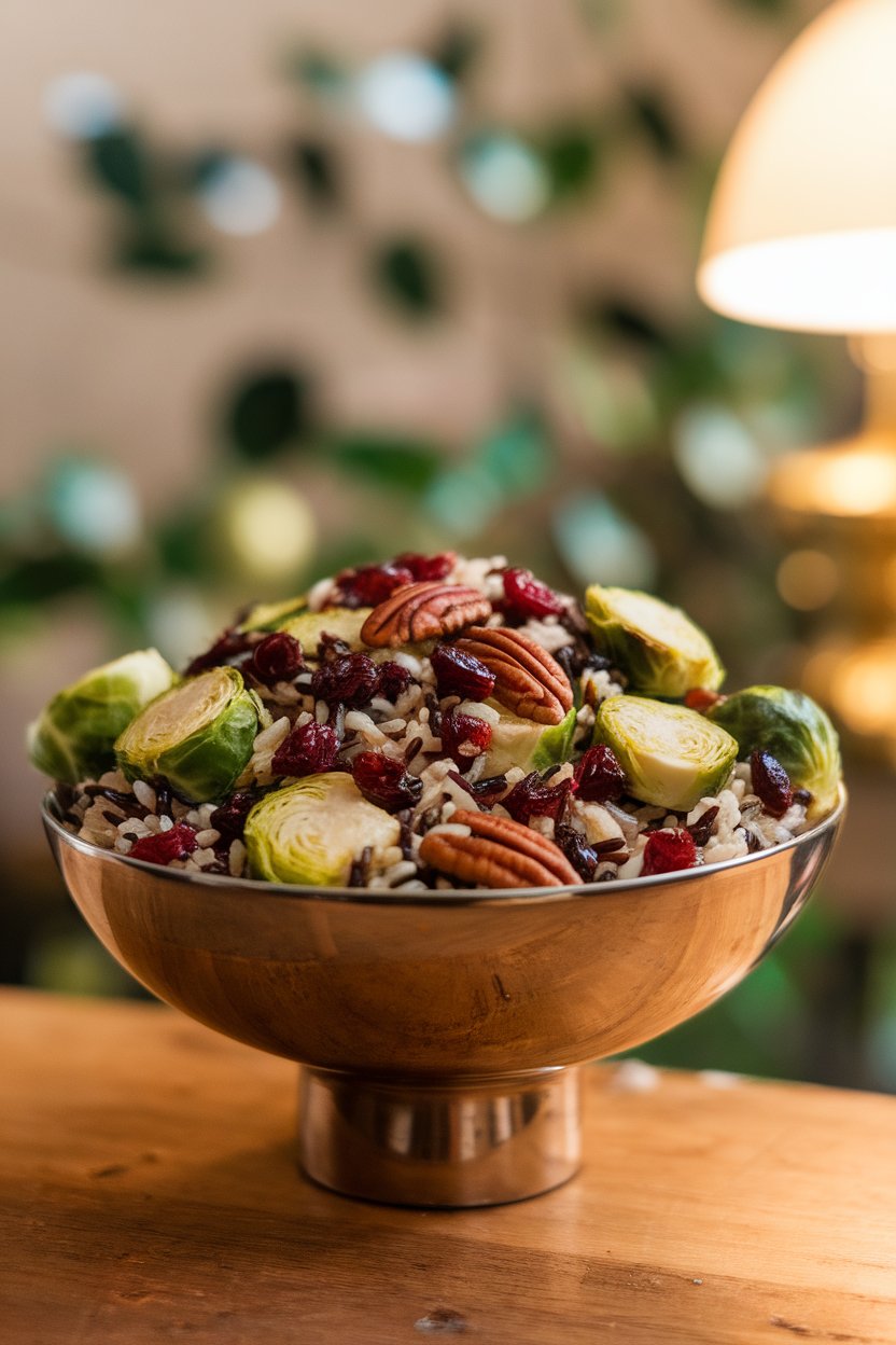 Indoor serving bowl featuring a mix of wild rice, roasted Brussels sprouts halves, dried cranberries, and pecans; warm light; photo, no text or logos.