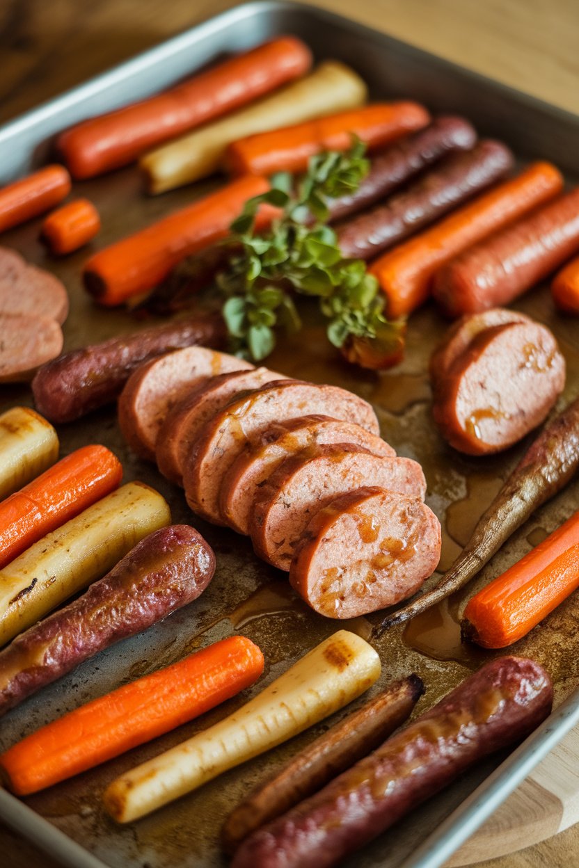 A sheet pan indoors filled with roasted carrots, parsnips, sweet potatoes, and sliced chicken sausage glazed with maple-Dijon; no text or logos.