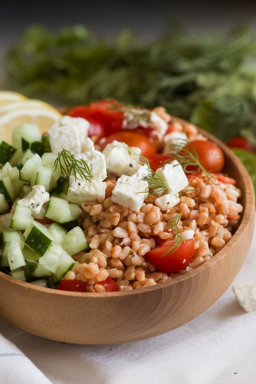Indoor photo of a bowl featuring farro, diced cucumber, cherry tomatoes, feta crumbles, and a drizzle of lemon-dill dressing; no text or logos.