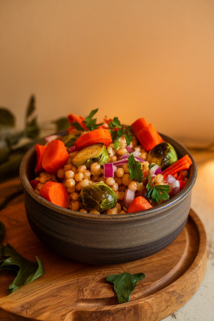 A ceramic bowl indoors filled with roasted carrots, Brussels sprouts, and red onion mixed with pearled barley and fresh parsley; no text or logos; photo.
