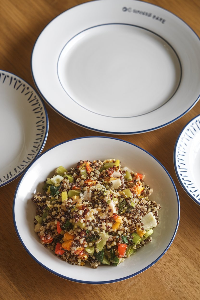 An indoor table setting showing a petite salad plate filled with a colorful quinoa salad, next to an empty larger dinner plate for comparison. No text or logos on dinnerware.