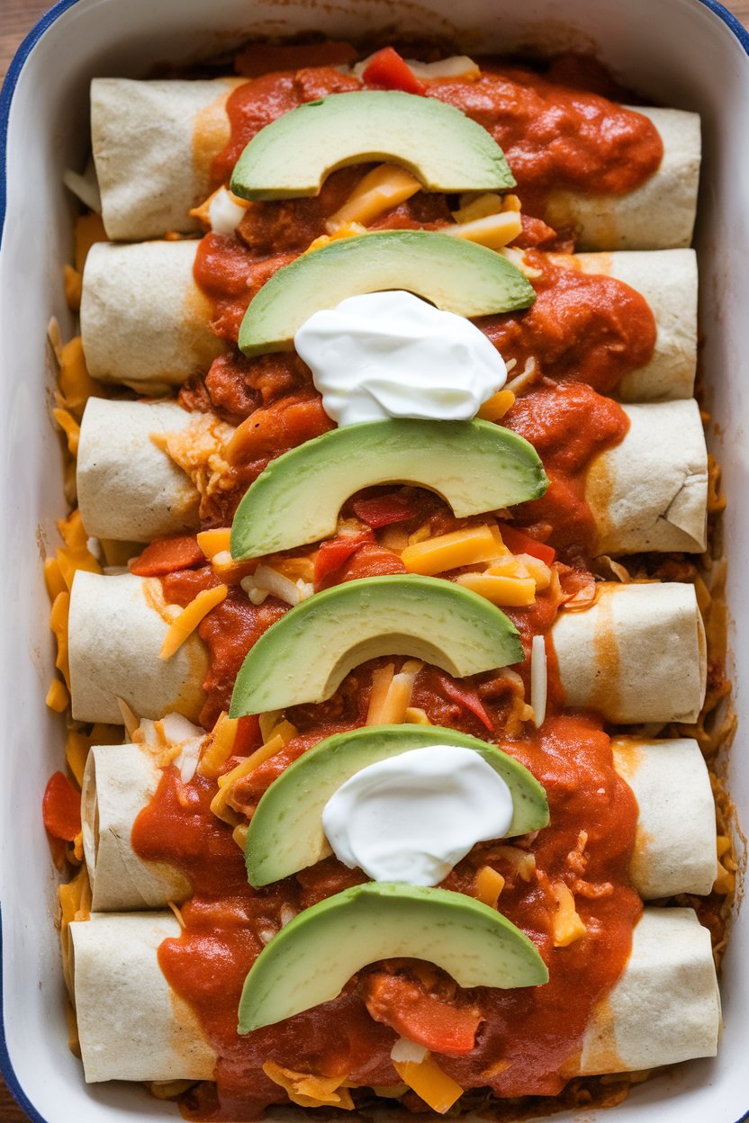 Photo of an indoor casserole dish of rolled enchiladas topped with red sauce and avocado slices, no text or logos