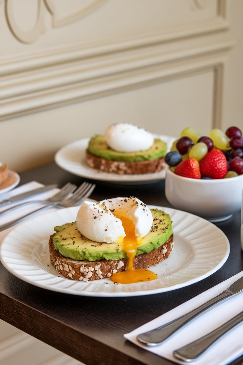 Photo of an indoor brunch table set with avocado toast on whole-grain bread, poached eggs, and a side of mixed fruit. No text or logos present.