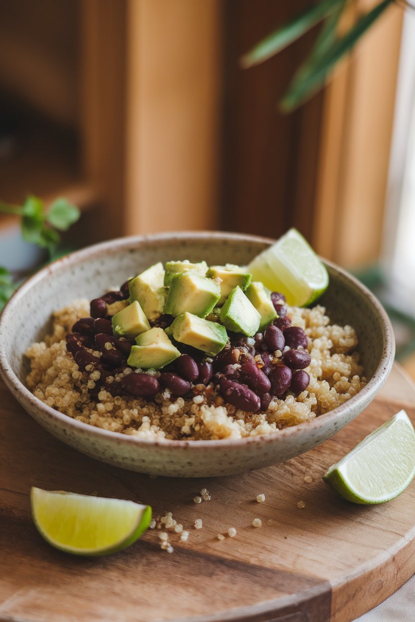 A shallow ceramic bowl indoors with fluffy quinoa topped by seasoned black beans, diced avocado, and lime wedges; warm lighting, photo, no text or logos.
