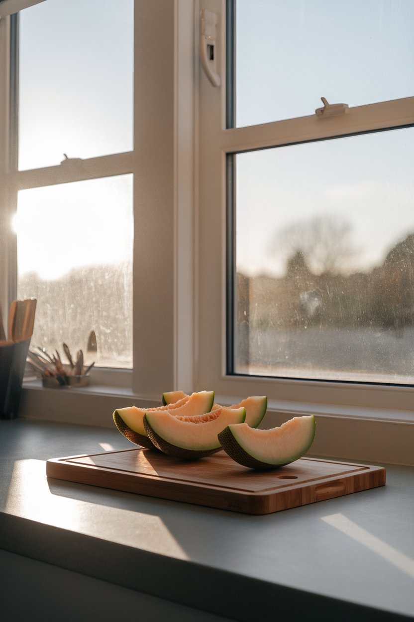 Photo of an indoor sunrise view through a kitchen window, casting light on a cutting board with sliced melon; gentle morning glow; no text or logos.