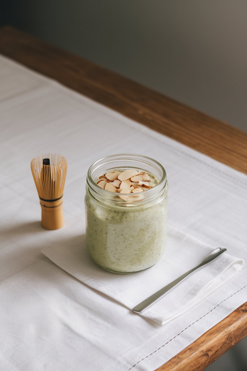 Indoor minimalist table scene with a jar of pale green overnight oats, a small matcha whisk nearby, and a topping of sliced almonds. No logos or text. Photo not illustration.
